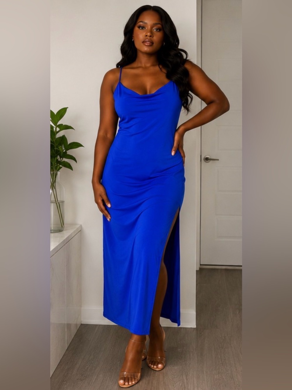 Pull & Bear Royal Blue Cowl Neck Slip Maxi Dress Side Slit | Size Medium